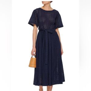Lisa Marie Fernandez Navy Blue 100% Cotton Eyelet Shift‎ Midi Dress Small